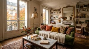 French apartment living room decor featuring a green velvet sofa and marble coffee table against tall windows.