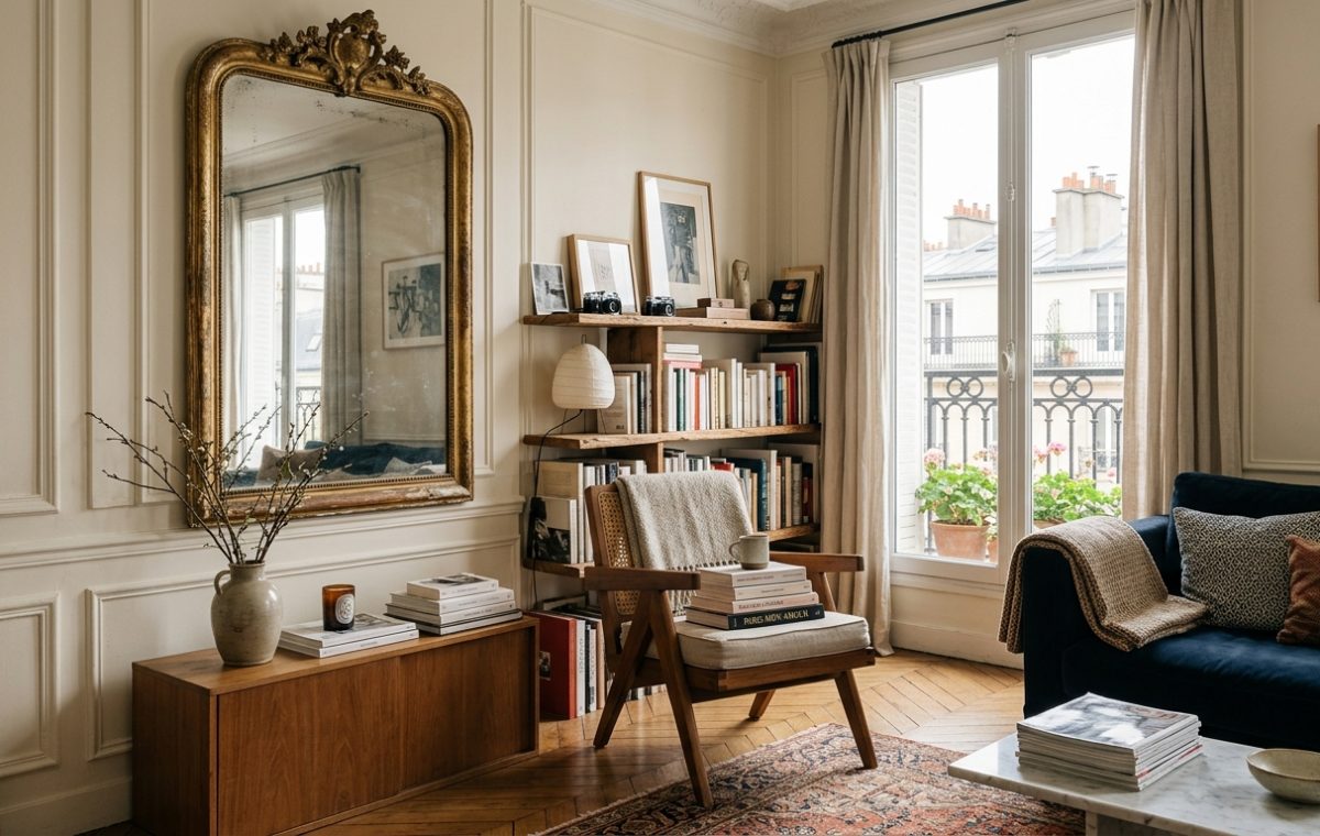 French apartment living room decor featuring an antique gilt mirror, parquet floors, and a blue velvet sofa.
