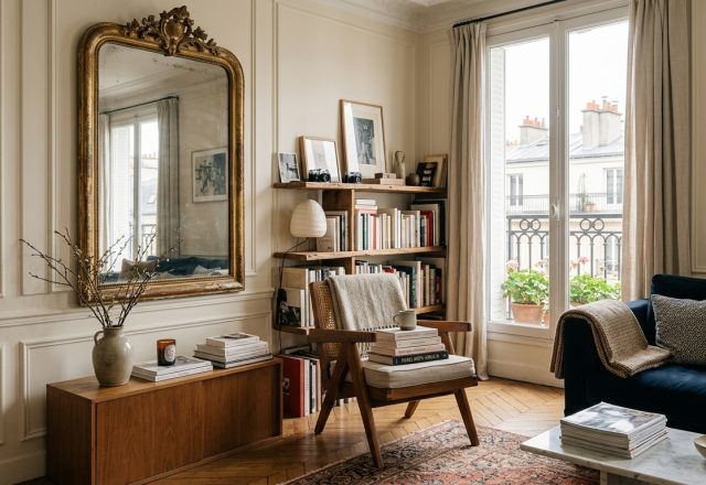 French apartment living room decor featuring an antique gilt mirror, parquet floors, and a blue velvet sofa.