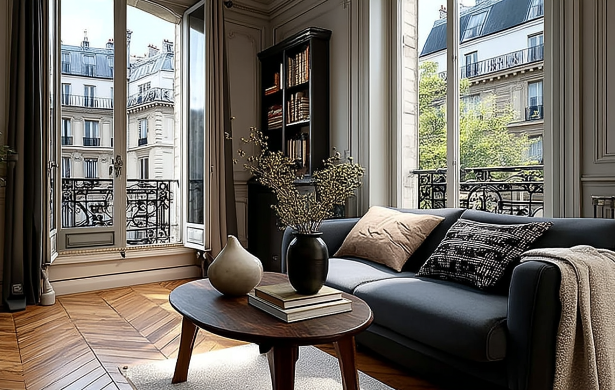 French apartment living room decor featuring herringbone floors and tall windows.