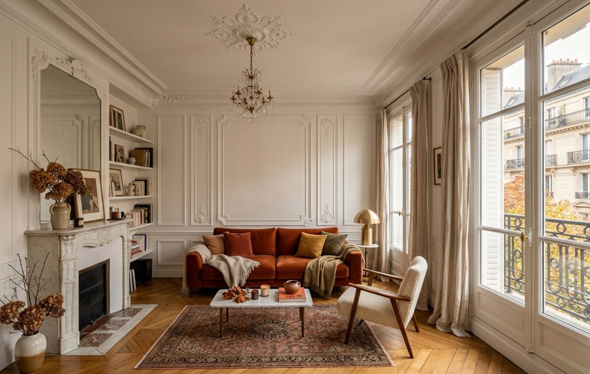 French apartment living room decor featuring Haussmann moldings and a rust velvet sofa