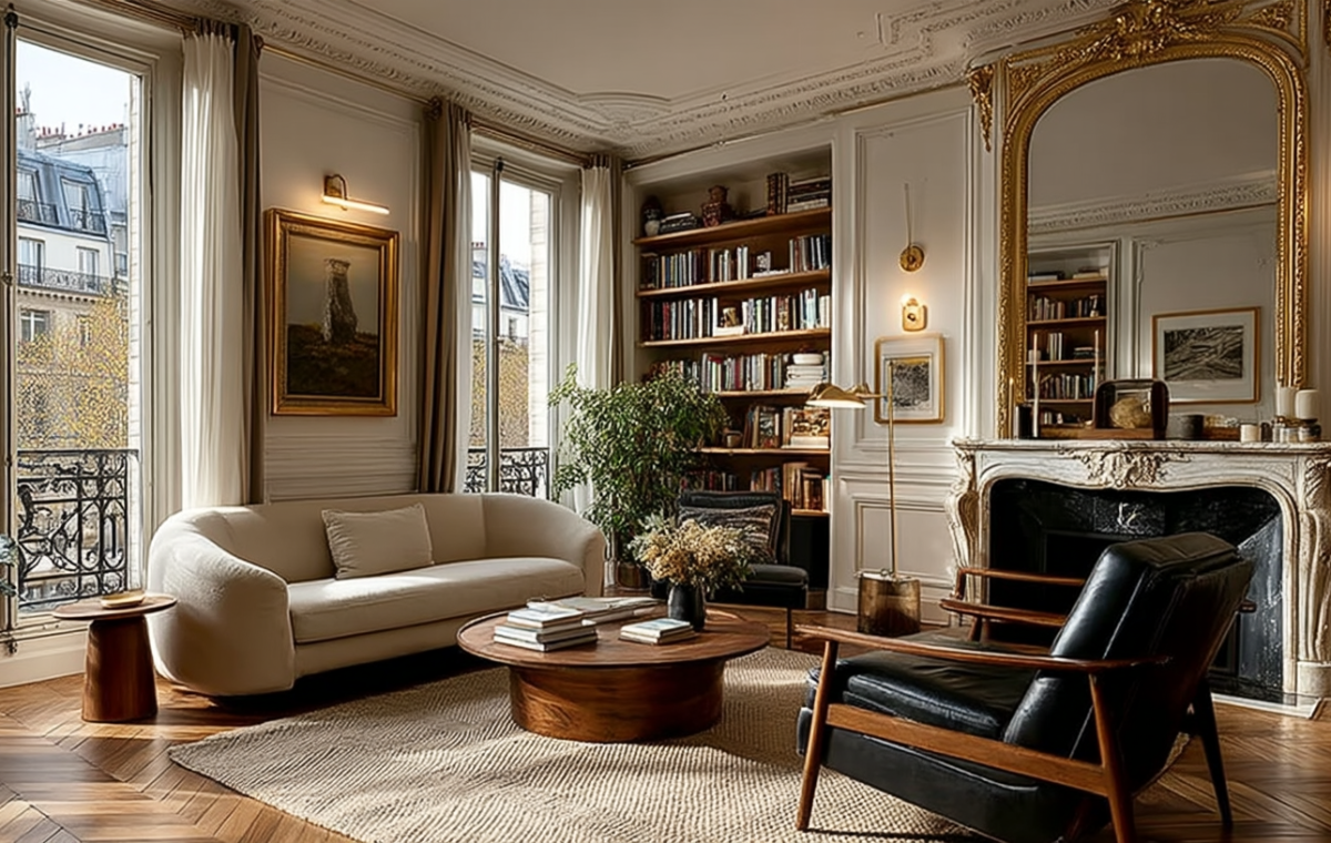 French apartment living room decor featuring a cream curved sofa, parquetry floors, and a gilded fireplace mirror.