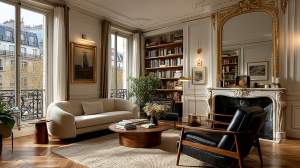 French apartment living room decor featuring a cream curved sofa, parquetry floors, and a gilded fireplace mirror.