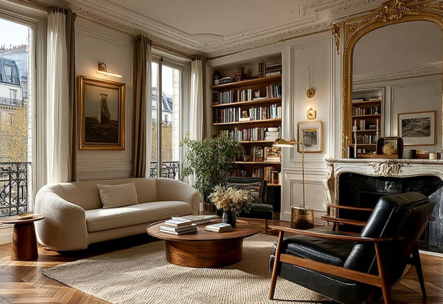 French apartment living room decor featuring a cream curved sofa, parquetry floors, and a gilded fireplace mirror.