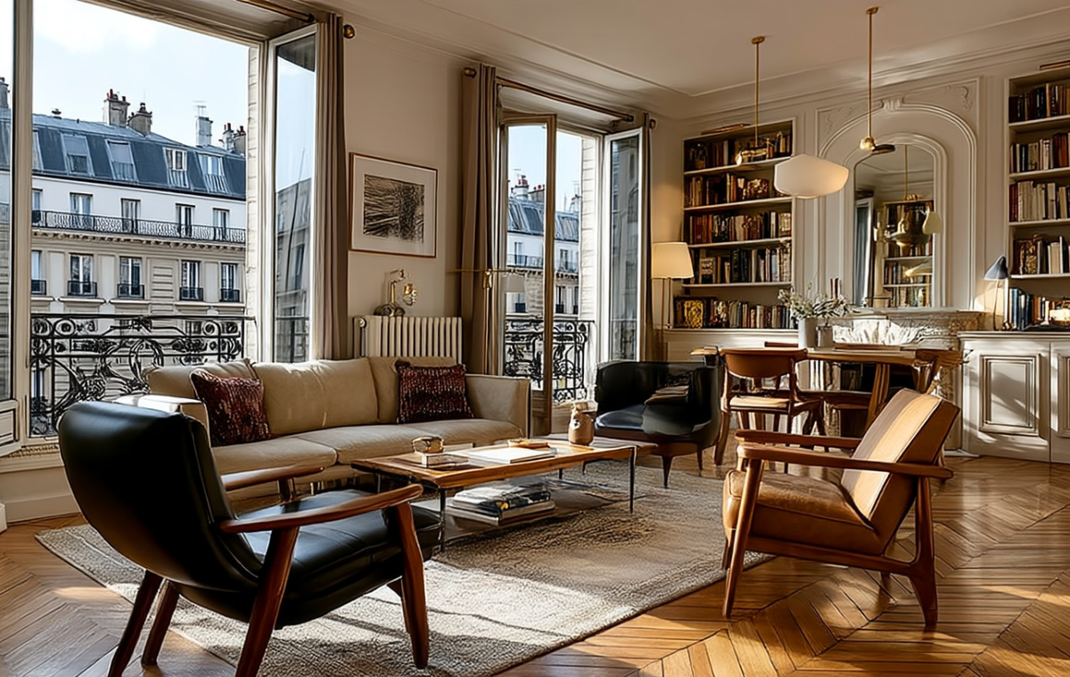 Bright French apartment living room decor featuring herringbone floors, tall windows, and classic Parisian bookshelves.
