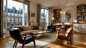 Bright French apartment living room decor featuring herringbone floors, tall windows, and classic Parisian bookshelves.