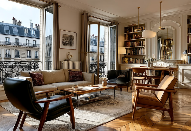 Bright French apartment living room decor featuring herringbone floors, tall windows, and classic Parisian bookshelves.