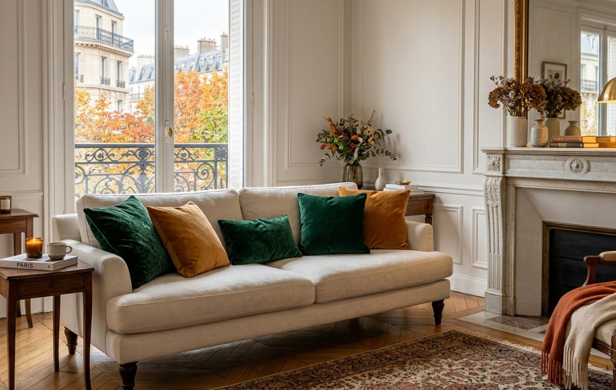 Bright French apartment living room with neutral linen sofa, velvet cushions, and marble fireplace.
