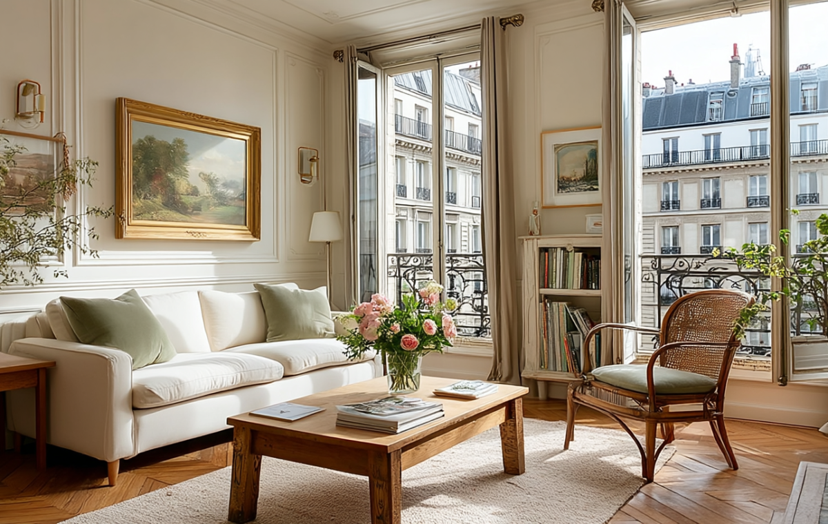 French apartment living room decor featuring a sage green sofa, herringbone floors, and open casement windows.