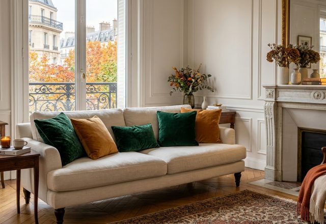 Bright French apartment living room with neutral linen sofa, velvet cushions, and marble fireplace.