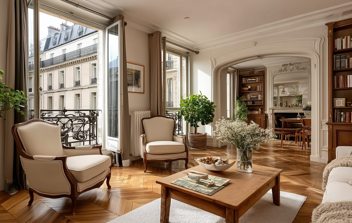 Bright French apartment living room with herringbone wood floors and tall balcony doors.