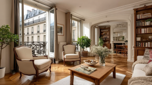 Bright French apartment living room with herringbone wood floors and tall balcony doors.