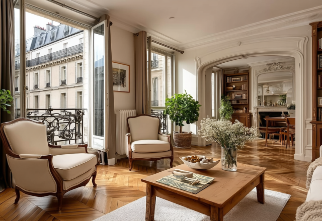 Bright French apartment living room with herringbone wood floors and tall balcony doors.