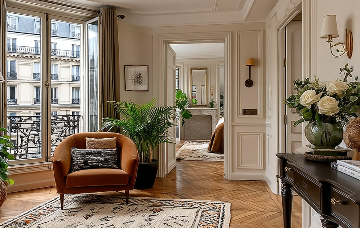 French apartment living room design featuring herringbone wood floors and Haussmann moldings.