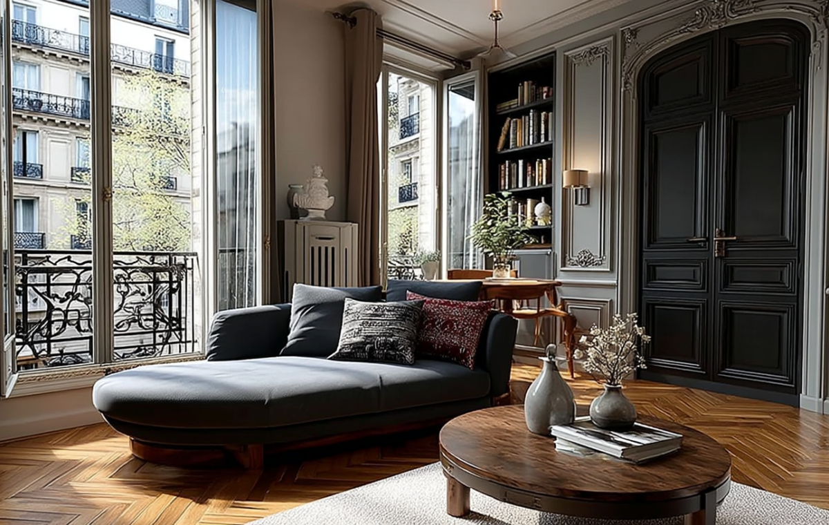 French apartment living room design featuring herringbone wood floors and a dark curved daybed
