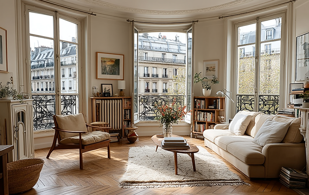 Bright French apartment living room featuring tall bay windows, herringbone floors, and neutral seating.