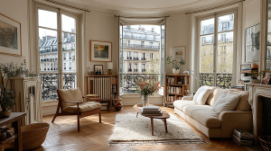 Bright French apartment living room featuring tall bay windows, herringbone floors, and neutral seating.