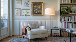 Cozy French apartment living room featuring a neutral armchair, brass floor lamp, and historic wall molding.