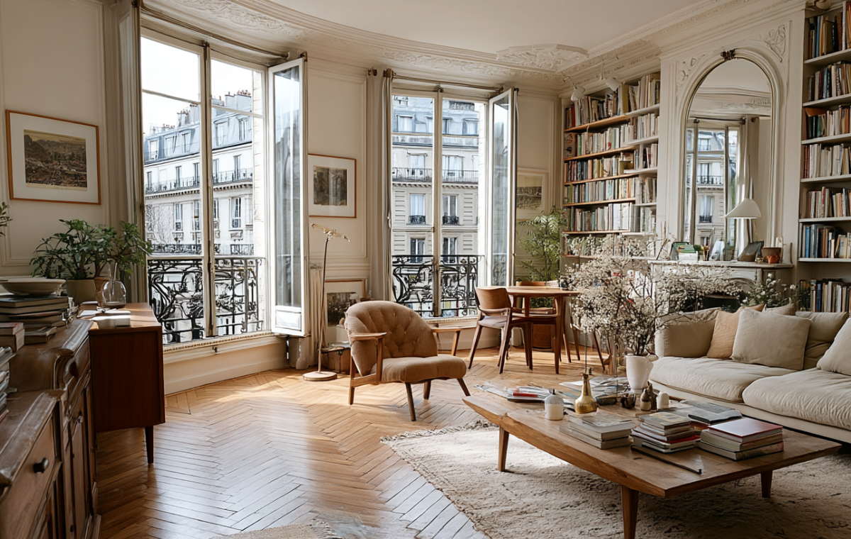 Bright French apartment living room with parquetry floors, tall windows, and built-in bookshelves
