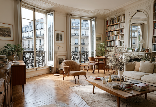 Bright French apartment living room with parquetry floors, tall windows, and built-in bookshelves
