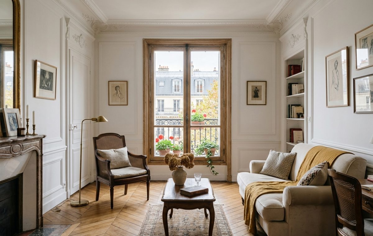 A bright French apartment living room featuring chevron wood floors and an antique stone fireplace.