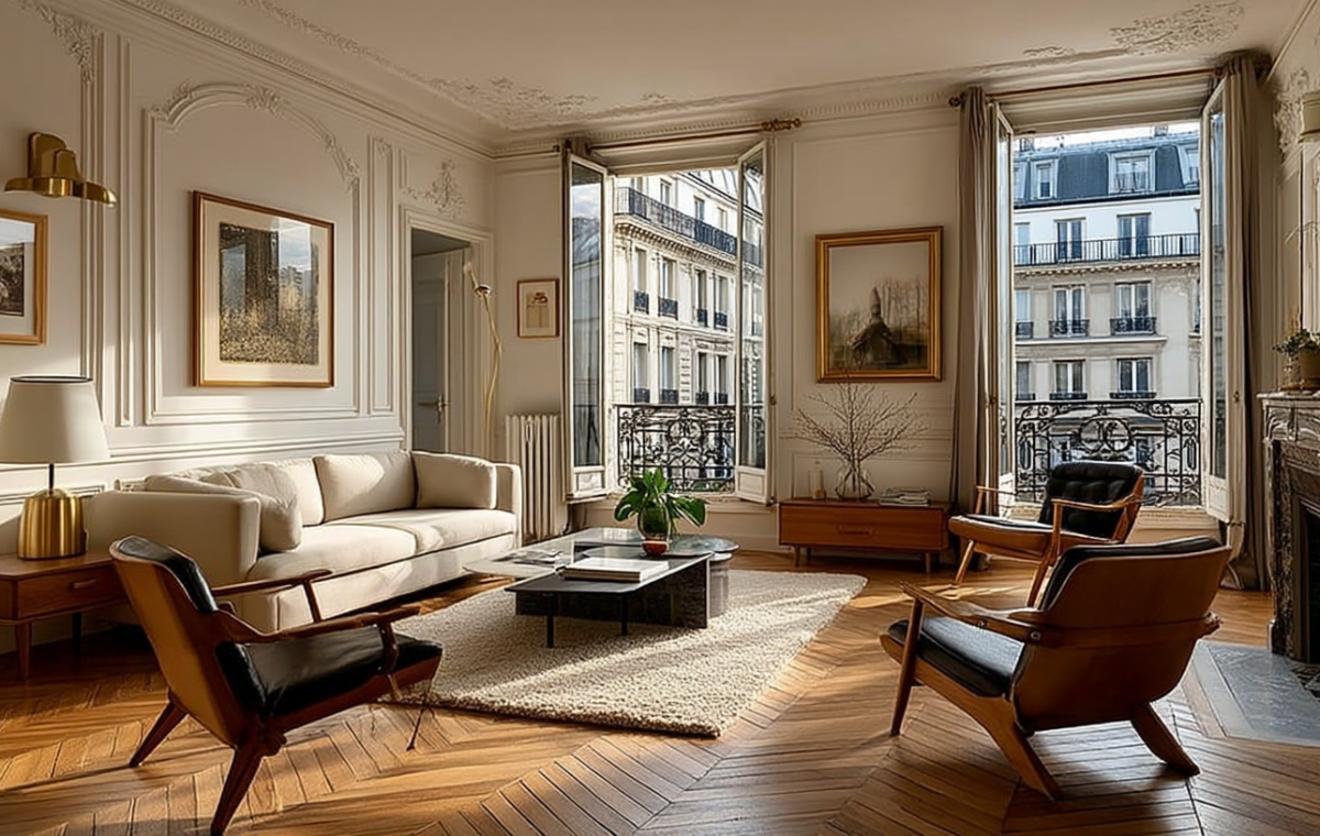 Elegant French apartment living room featuring Haussmann moldings, herringbone floors, and mid-century modern armchairs.