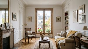 A bright French apartment living room featuring chevron wood floors and an antique stone fireplace.