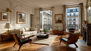 Elegant French apartment living room featuring Haussmann moldings, herringbone floors, and mid-century modern armchairs.