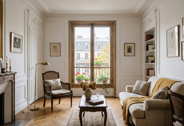 A bright French apartment living room featuring chevron wood floors and an antique stone fireplace.