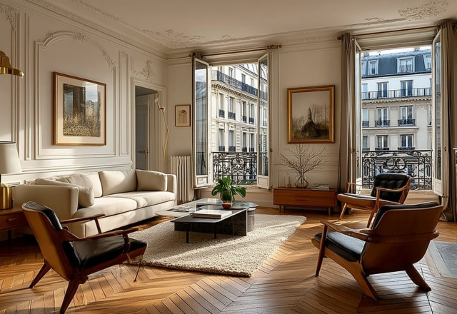 Elegant French apartment living room featuring Haussmann moldings, herringbone floors, and mid-century modern armchairs.