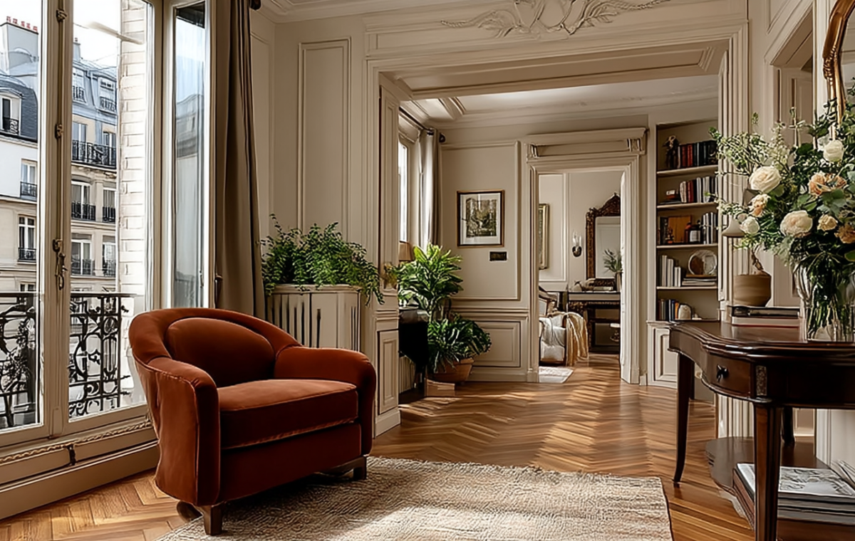 Elegant French apartment living room with tall windows, parquet floors, and a rust velvet armchair.