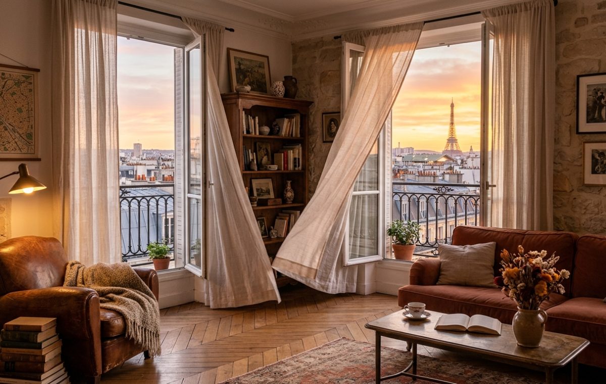 A cozy French apartment living room featuring a leather armchair, herringbone floors, and a balcony view of the Eiffel Tower at sunset.