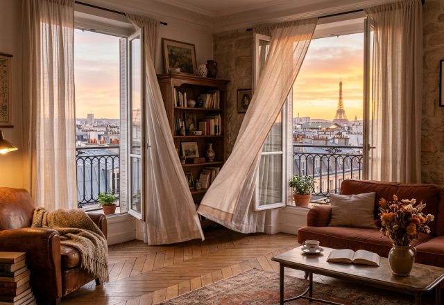 A cozy French apartment living room featuring a leather armchair, herringbone floors, and a balcony view of the Eiffel Tower at sunset.