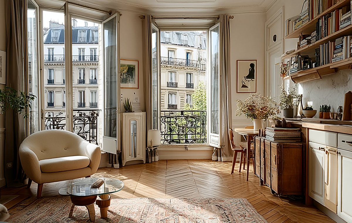 Bright French apartment living room with chevron wood flooring, natural light, and open shelving.
