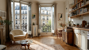 Bright French apartment living room with chevron wood flooring, natural light, and open shelving.