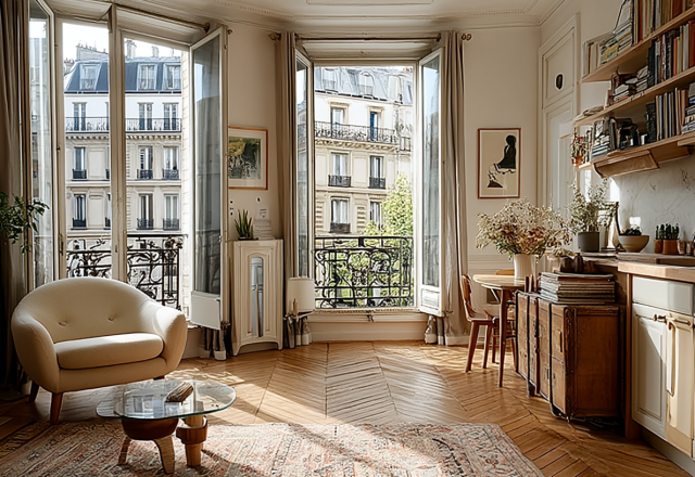 Bright French apartment living room with chevron wood flooring, natural light, and open shelving.