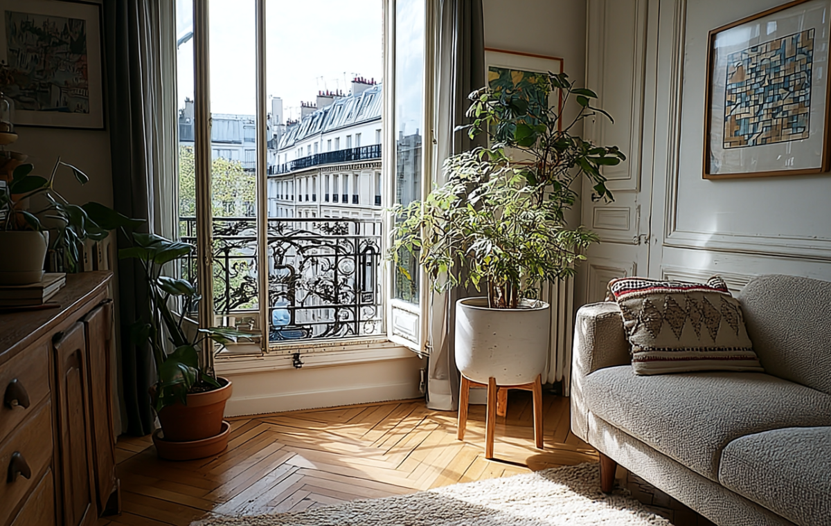 Bright French apartment living room with herringbone wood floors, tall balcony windows, and a neutral textured sofa.