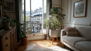 Bright French apartment living room with herringbone wood floors, tall balcony windows, and a neutral textured sofa.