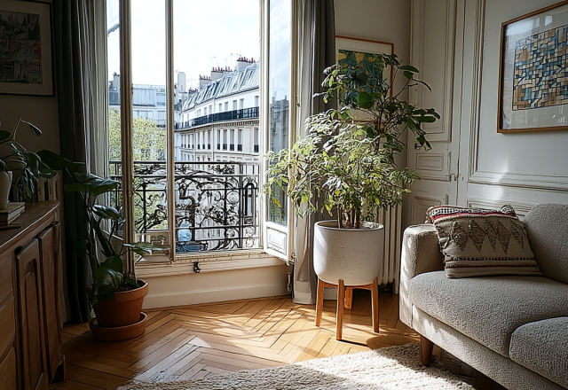 Bright French apartment living room with herringbone wood floors, tall balcony windows, and a neutral textured sofa.