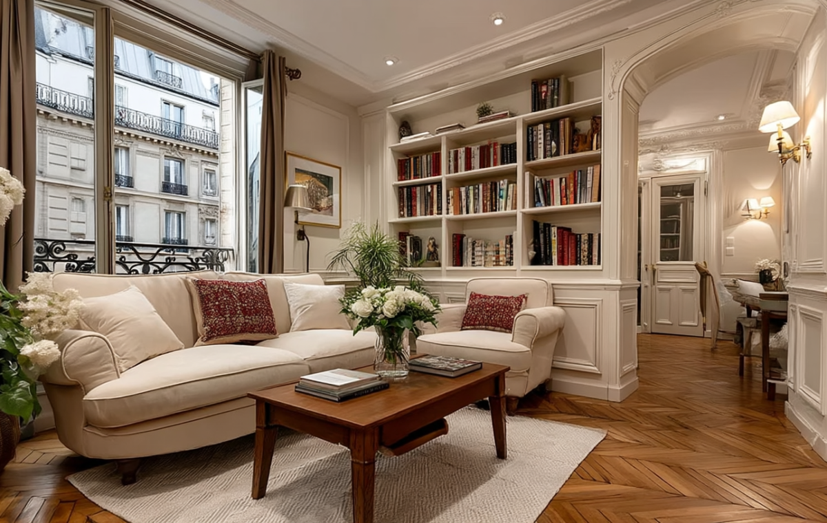 Bright French apartment living room featuring herringbone floors and built-in bookshelves