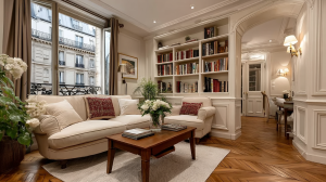 Bright French apartment living room featuring herringbone floors and built-in bookshelves