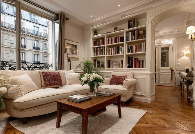 Bright French apartment living room featuring herringbone floors and built-in bookshelves