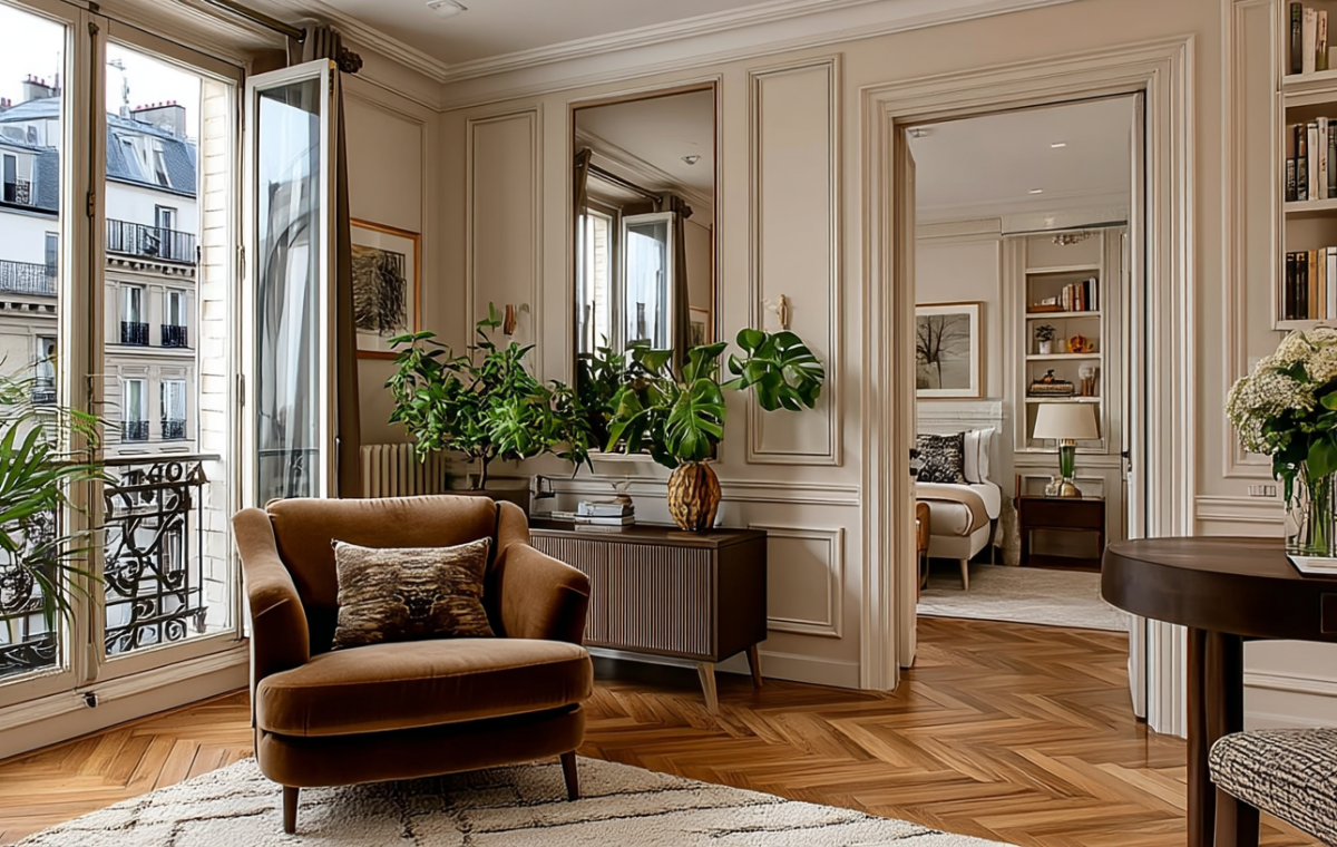 Elegant French apartment living room featuring Haussmann moldings, velvet armchair, and herringbone parquet floors.