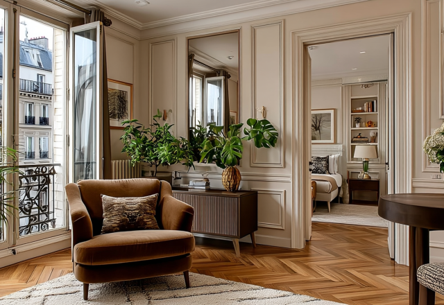Elegant French apartment living room featuring Haussmann moldings, velvet armchair, and herringbone parquet floors.