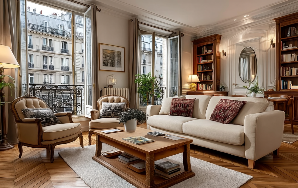 Elegant French apartment living room featuring herringbone wood floors and Haussmann architectural details.