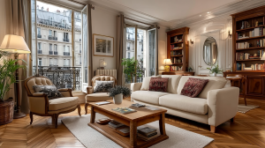 Elegant French apartment living room featuring herringbone wood floors and Haussmann architectural details.