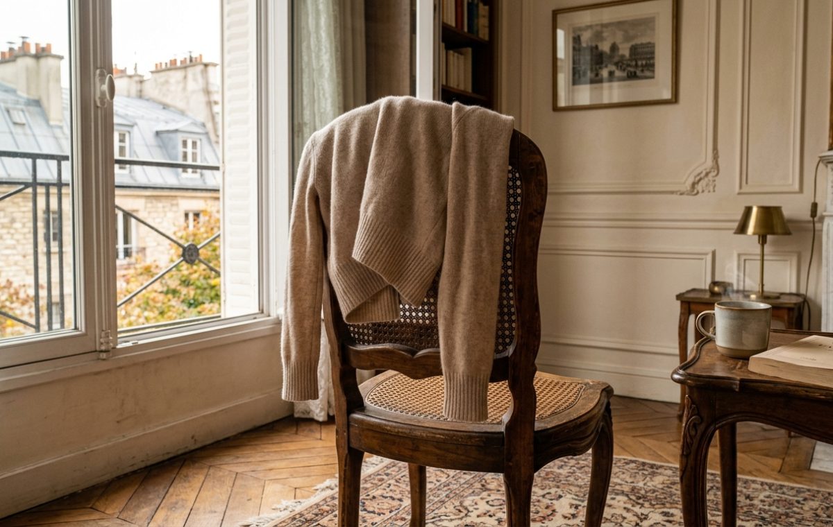 A cozy French apartment living room featuring a wooden chair with a neutral sweater and natural window light.