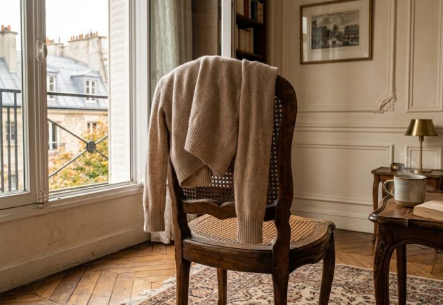 A cozy French apartment living room featuring a wooden chair with a neutral sweater and natural window light.