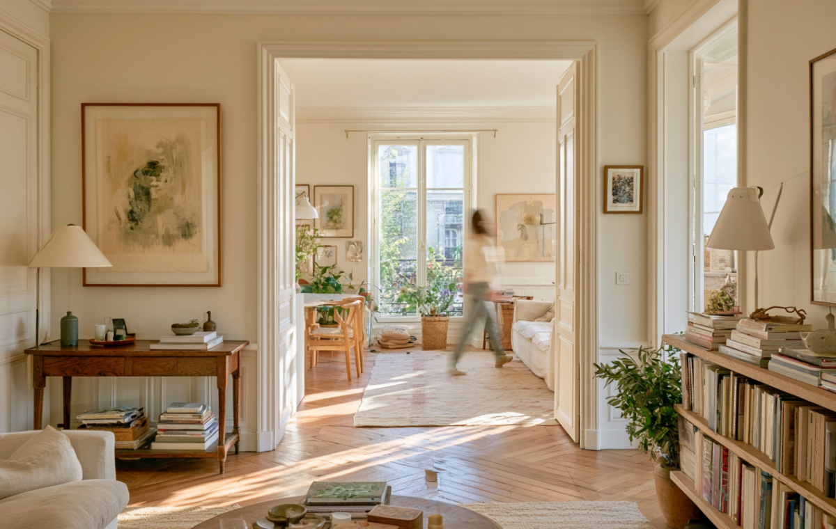Bright French apartment living room with herringbone parquet flooring and open double doors leading to a sunlit room.