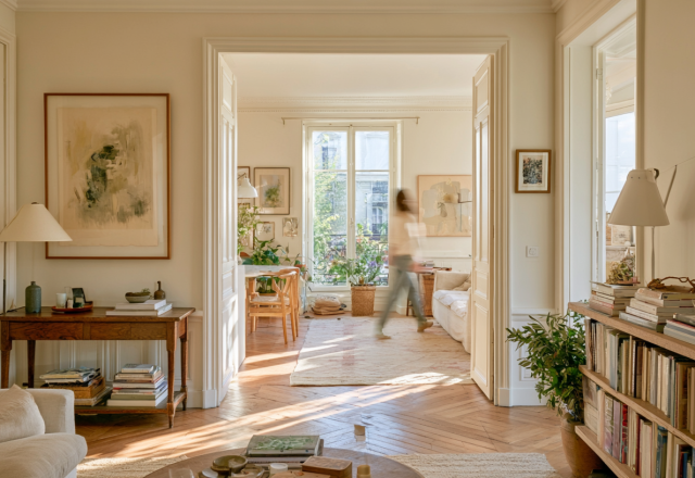 Bright French apartment living room with herringbone parquet flooring and open double doors leading to a sunlit room.
